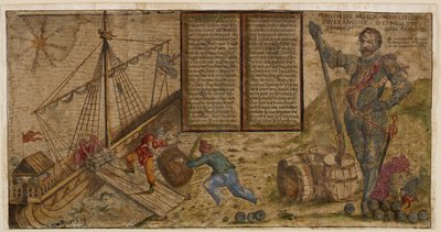 En illustreret bredside, der fejrer Francis Drakes kampagne mod spanierne, illustration fra 