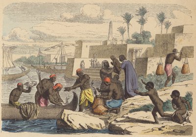 Gamle egyptiske fiskere (farvet gravering) af German School