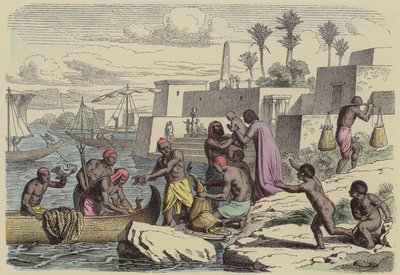 Gamle egyptiske fiskere (farvet indgravering) af German School