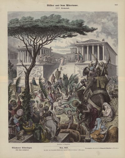 Gammelt græsk alter ved byen Pergamon, Lilleasien (farvet gravering) af German School