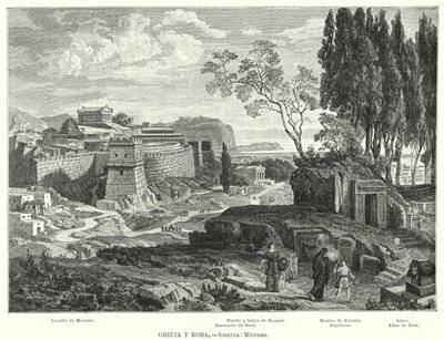 Den gamle græske by Mykene (litho) af German School