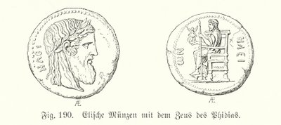 Gamle græske mønter fra Elis med billeder af Zeus fra Phidias (gravering) af German School