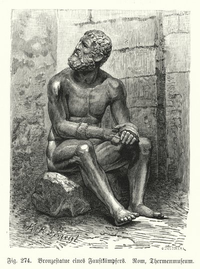 Gammel græsk eller romersk bronzestatue af en siddende bokser (gravering) af German School