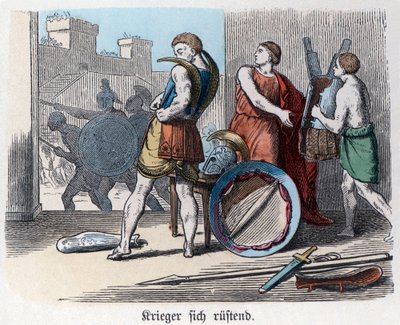 Oldtidens historie. Grækenland. Græske krigere bevæbner sig til krig. ... (gravering) af German School