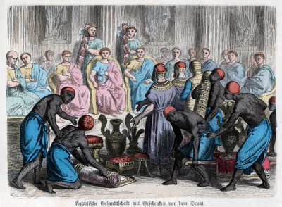 Oldtidens historie. Rom. Den egyptiske ambassade overrækker gaver til en ... (kobberstik) af German School