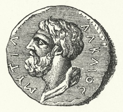 Gammel mønt, der viser hovedet af den græske digter Alcaeus fra Mytilene af German School