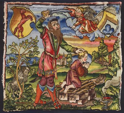 Engel griber ind for at forhindre Abraham i at ofre sin søn Isak (farvelitografi) af German School