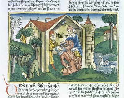 Apokryfer: Tobit er blændet af spurveekskrementer, fra Nürnbergbibelen (Biblia Sacra Germanaica) (farvet træsnit) af German School