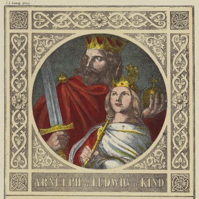 Arnulph u Ludwig D Kind, 887-899 u 899-911 (farvet gravering) af German School
