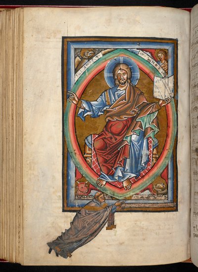 Arundel 156, f.99v, Kristus sidder på tronen i majestæt i en mandorla, omgivet af evangelisternes fire symboler, fra 