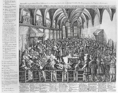 Forsamling af de mest berømte fyrster af Tyskland, i biskoppens sal, Augsbourg, i nærværelse af Charles V (1500-58) den 25. juni 1530 af German School