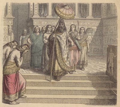 Assyrisk konge og hans følge (farvestik) af German School