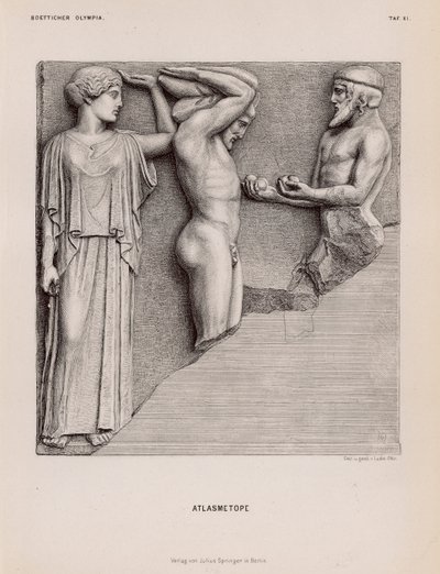 Atlas bringer Herakles Hesperidernes Æbler i nærværelse af Athena, metope fra Zeus-templet, Olympia, Grækenland (gravering) af German School