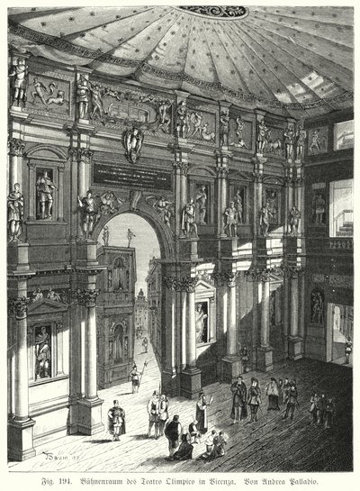Auditorium og scene i Teatro Olimpico, Piacenza, Italien, designet af Andrea Palladio (gravering) af German School