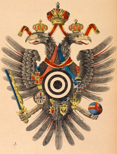 Østrig-ungarsk kejserligt våbenskjold som bueskydningsmål, ca. 1865 (farvet træsnit) af German School