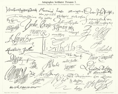 Autografer af berømte personer: fremtrædende personer fra den protestantiske reformation, Storbritannien, 30-års krigen og videnskabsmænd (gravering) af German School
