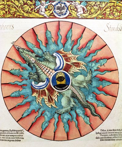 BT1.70.2 An Eclipse of the Sun, illustration fra Astronomicum Caesareum af Peter Apian (Bennewitz) (1495-1552) pub. i Ingolstadt, 1540 (farvet træsnit) af German School