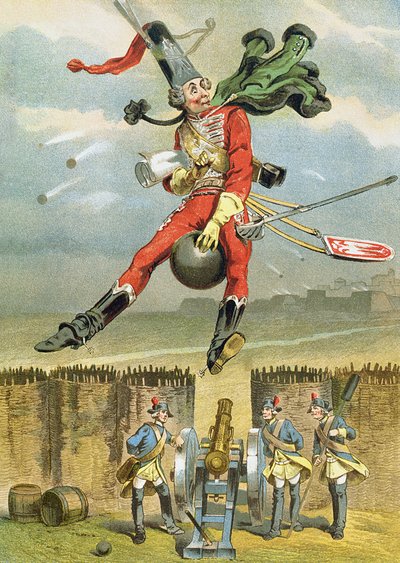 Baron Munchausen flyver over fjendens linjer på en kanonkugle, illustration fra en tysk udgave af Baron Munchausens eventyr af German School