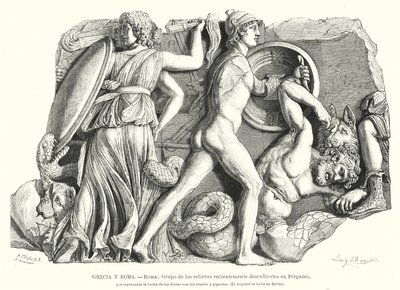 Kamp mellem guderne og titanerne og kæmperne, oldgræsk relief fra Pergamon (litho) af German School