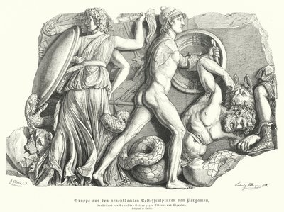 Kamp mellem guderne og titanerne og kæmperne, oldgræsk relief fra Pergamon (gravering) af German School