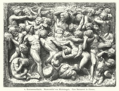 Battle of the Centaurs, marmorrelief af Michelangelo (gravering) af German School