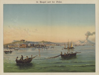 Napoli-bugten, Italien (farve litho) af German School