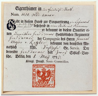 Billetkupon, 1759 (tryk og pen og blæk) af German School