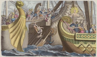 Gå ombord i en kabys under et søslag i romertiden (farvegravering) af German School