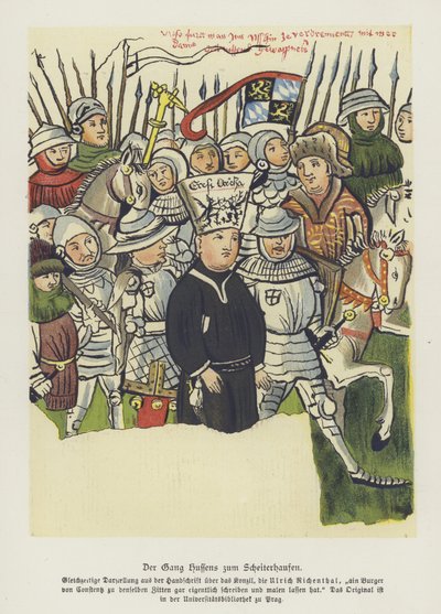 Den bøhmiske kristne reformator Jan Hus bliver ført til sin henrettelse, Constance, 6. juli 1415 (farve litho) af German School
