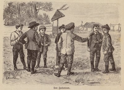 Drenge spiller Jacobin-kasketspil (gravering) af German School
