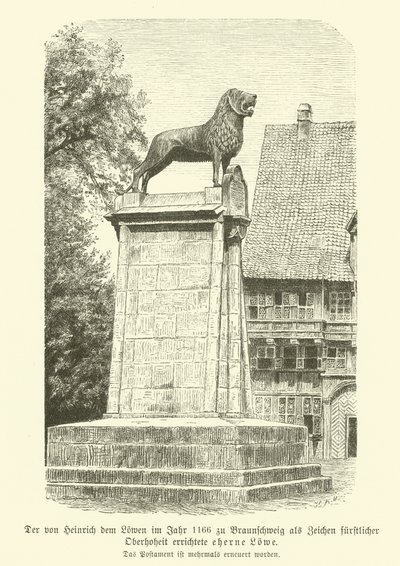 Bronzeløve rejst af Henrik Løven i Brunswick i 1166 (gravering) af German School