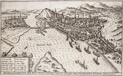 Buda og Pest belejret af de kristne i 1602, illustration fra en bog om de osmanniske felttog i Europa, indgraveret af Paul Furst (ca. 1605-66) af German School