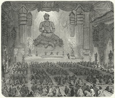 Buddhister tilbeder i et kloster i Peking (gravering) af German School