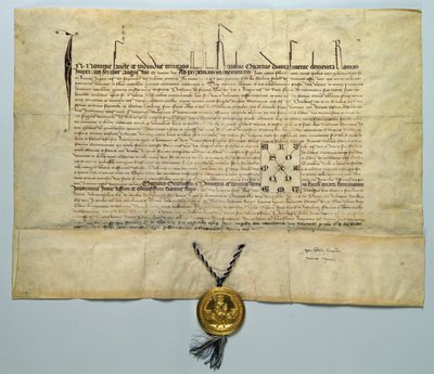 Tyren af Karl IV (1316-78) hellig romersk kejser, 29. januar 1365 (blæk på pergament med guldsegl) af German School