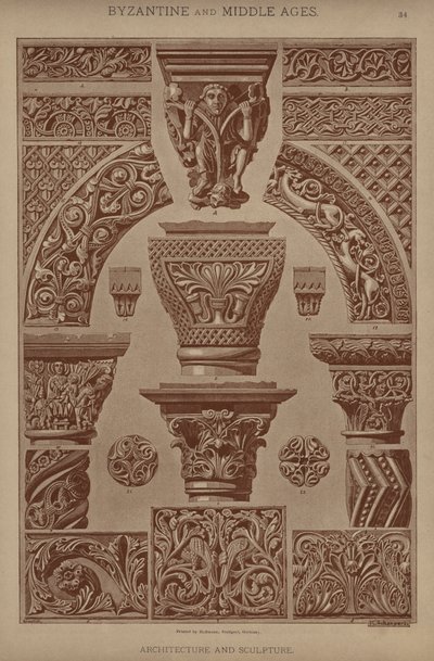 Byzantinsk og middelalder, arkitektur og skulptur (farve litho) af German School