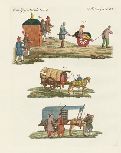 Vogn og måde at rejse på i Kina (farvet gravering) af German School