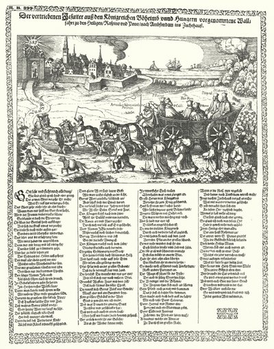 Tegneserie, der skildrer jesuitter drevet ud af Bøhmen og Ungarn i 1620 ved begyndelsen af 30-års krigen (gravering) af German School