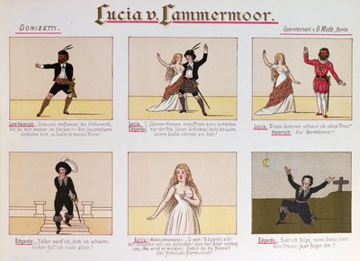 Tegnefilm gør grin med operaen Lucia di Lammermoor af Donizetti (farve litho af German School