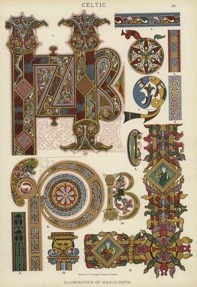 Keltisk, belysning af manuskripter (farve litho) af German School