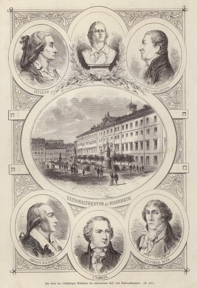Hundredårsdagen for domstolen og nationalteatrene, Mannheim, Tyskland (gravering) af German School