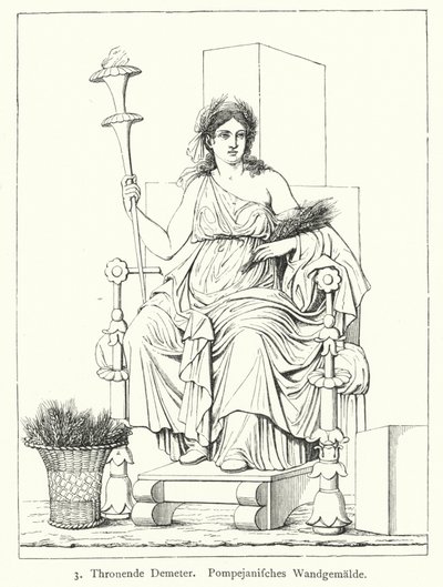 Ceres, romersk høstgudinde, tronende, vægmaleri fra Pompeji (gravering) af German School