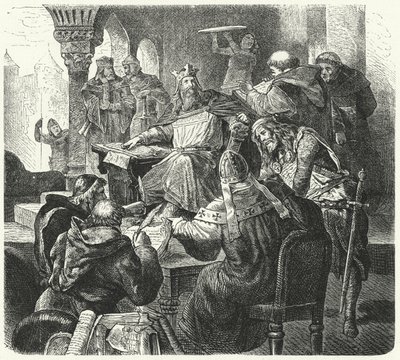 Karl den Store rådfører sig med lærde og præster (gravering) af German School