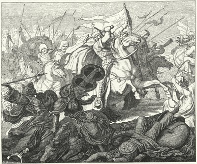 Charles Martel i slaget ved Poitiers, 732 (gravering) af German School