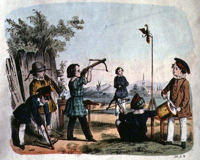 Børn, der skyder et mål med en arkebus, ca. 1860 (farvegravering) af German School