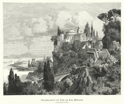 Kystlinje af Napoli-bugten fra den antikke romerske by Baiae, Cape Miseno, med Vesuv i det fjerne (gravering) af German School