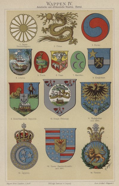Våbenskjolde fra Hawaii og landene i Asien og Afrika (farve litho) af German School