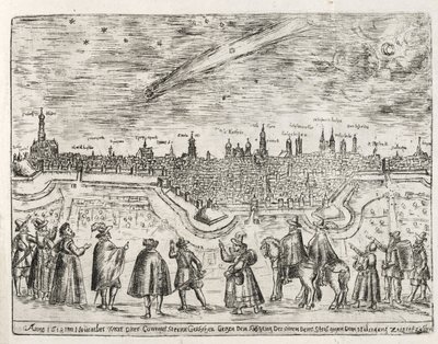 Komet set over Augsburg slutningen af november 1618, fra Cometen Historia, pub. 1618 af German School