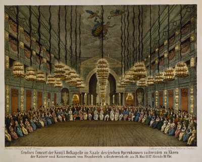 Koncert med det kongelige band i auditoriet i Dresdens operahus til ære for det kejserlige par, 1812 (farve litho) af German School