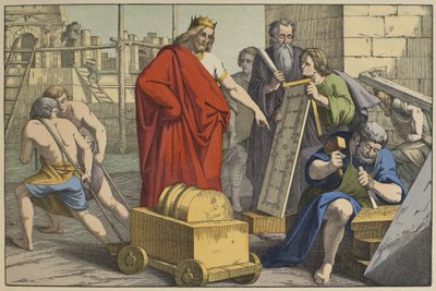 Konstruktion af Jerusalems tempel, illustration fra LANcien Testamente, udgivet af Jakob Ferdinand Schreiber, Esslingen (farvestik) af German School