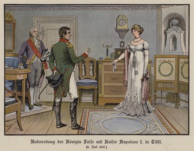 Samtale mellem dronning Louise af Preussen og kejser Napoleon I i Tilsit, 6. juli 1807 (farve litho) af German School